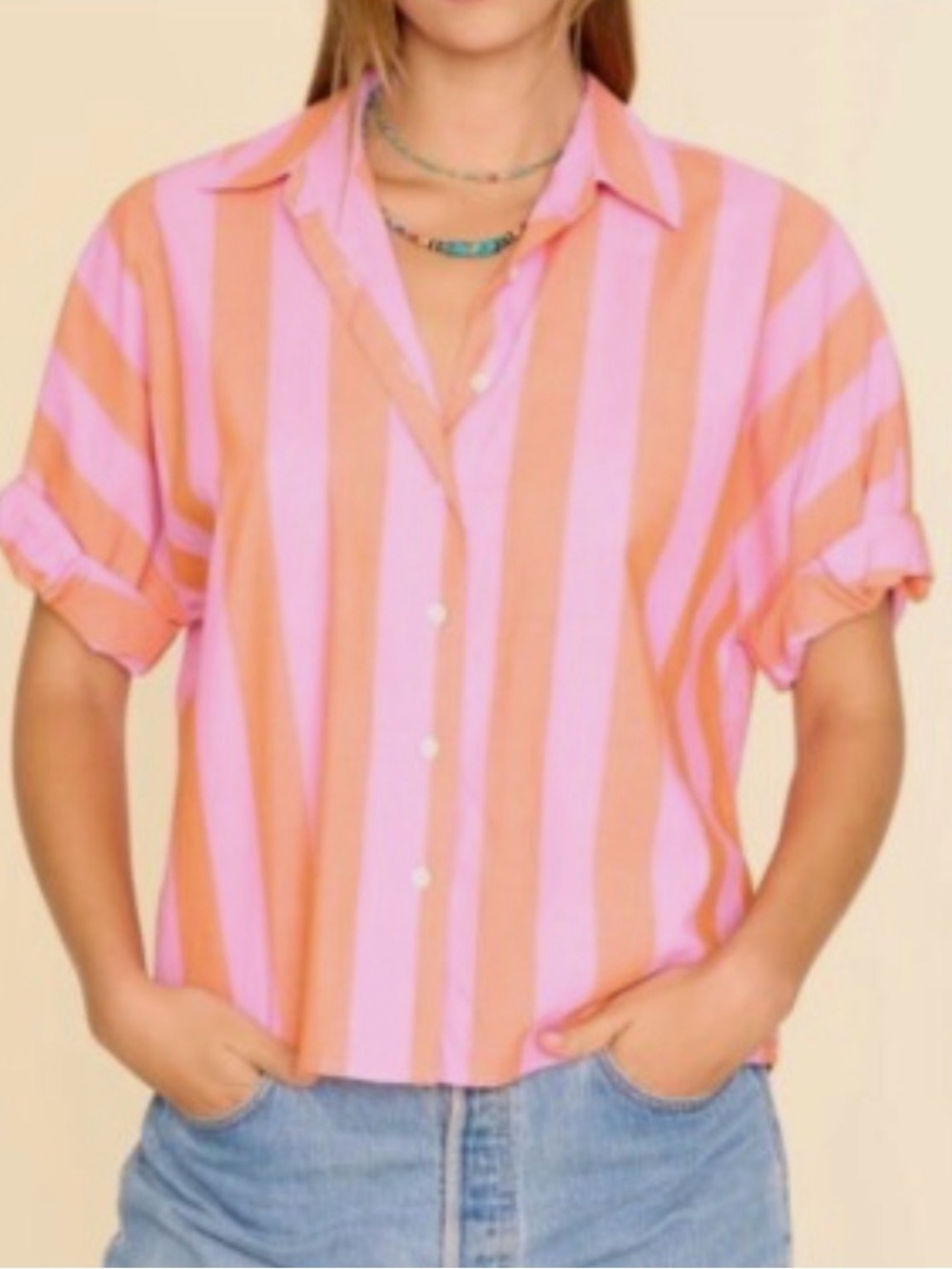 XiRENA Pink & Peach Striped Button-Down Shirt